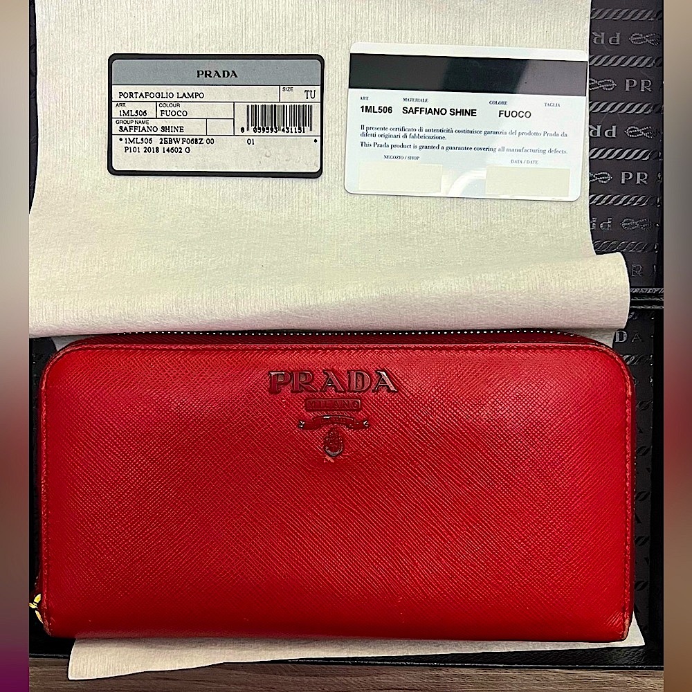Auth PRADA Bundle Long Wallet Saffiano Shine Fuoco Red Leather, Box & Card